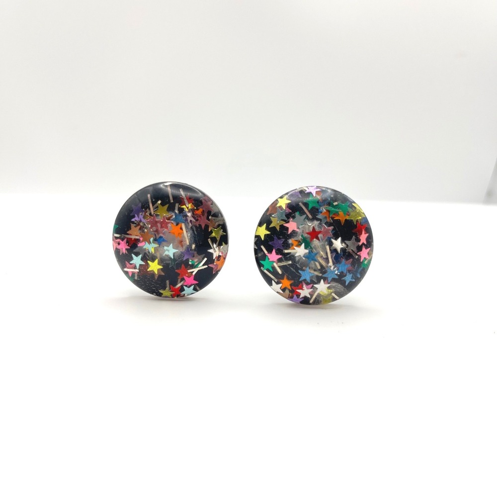 Vintage Black Resin Star Glitter Clip On Earrings‎ Round Dome Multi Color 1 Inch
